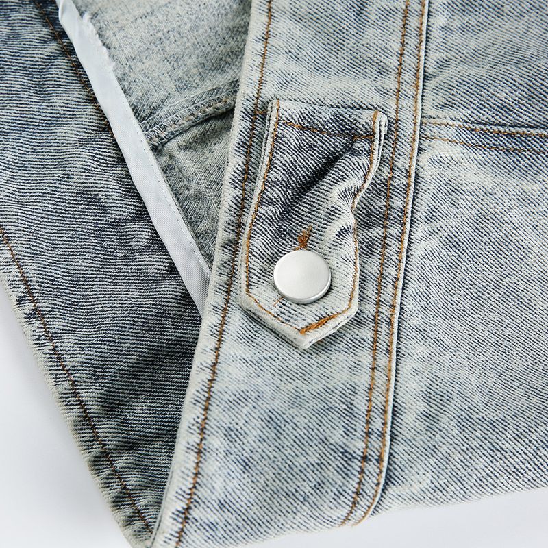 Spring And Autumn Denim Trench Coat For Men, Mid-Length, Distressed Washed Punk Street Style, Multi-Pocket, Color-Block,_voghion.com