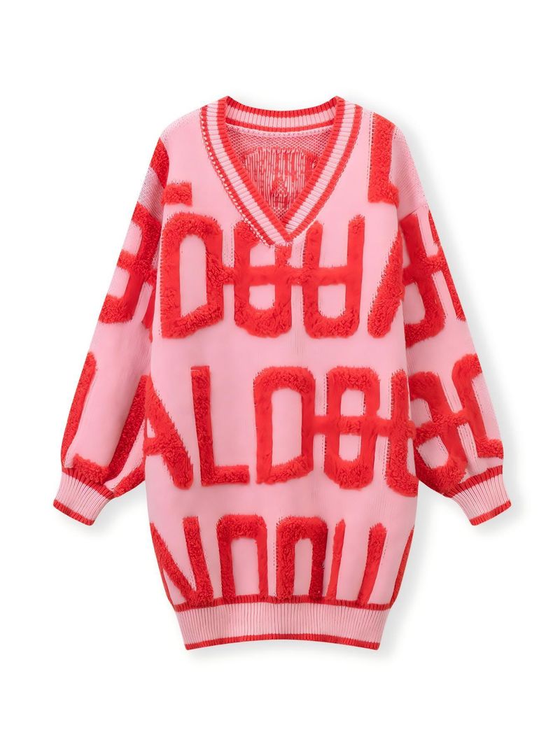 Cardigan ricamato da donna – Maglia oversize con scollo a V e motivo a lettere per autunno e inverno_voghion.com