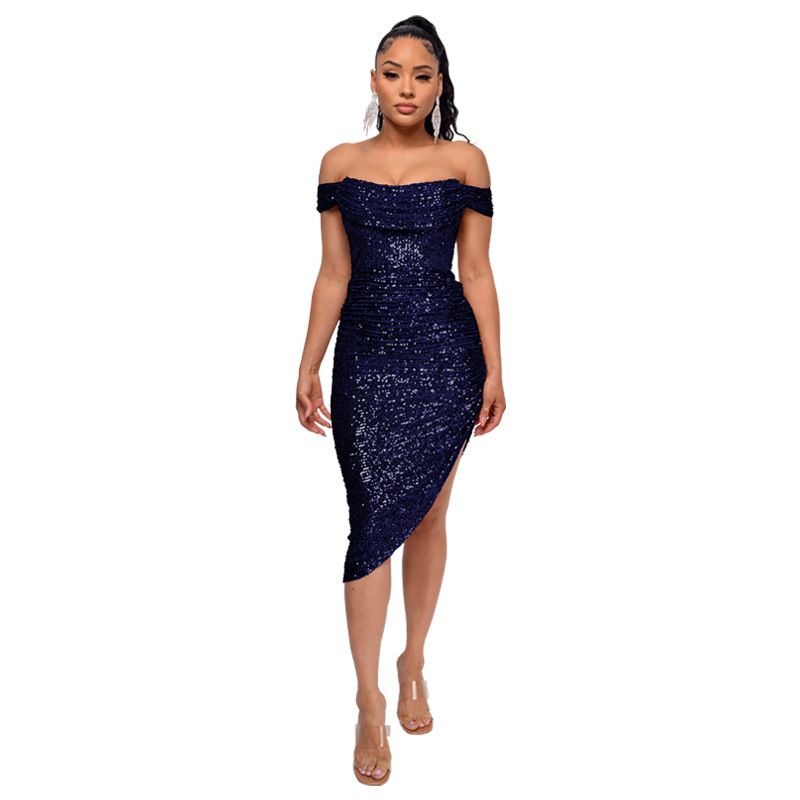 Verve Women's Summer Sequin Side Slit Gown French Off-Shoulder Bodycon Dress_voghion.com