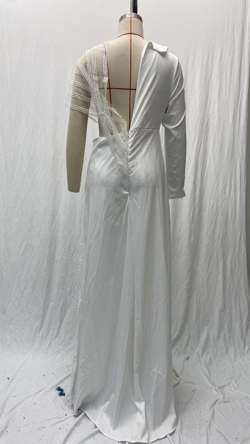 Elegant V-Neck Lace Jumpsuit – Asymmetrical Hem, Long Sleeve (S-XXXL, White, Polyester)_voghion.com