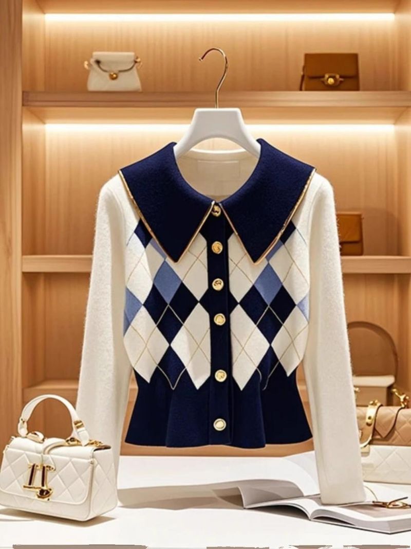Γυναικεία Ρούχα Σικ μπλε και άσπρο πλεκτό ζακέτα με διαμάντια σε αντίθεση, γυναικείο φθινοπωρινό, νέο στυλ, μικρό, αρωματικό, πλεκτό τοπ με μέση_voghion.com