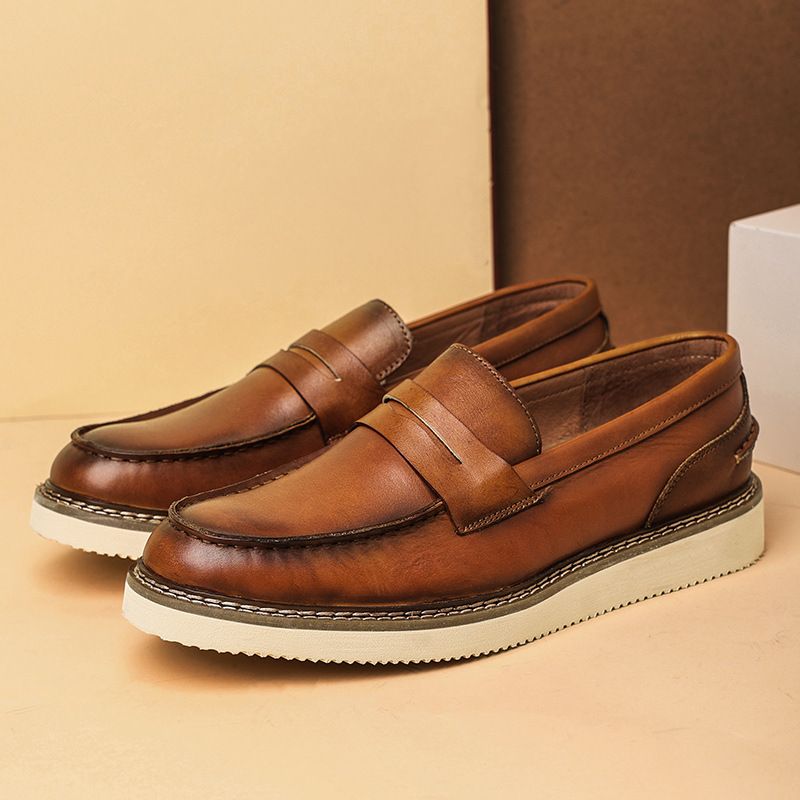 Herren-Loafer, atmungsaktiv, Oberschicht aus Rindsleder, Business, runde Zehenpartie, dicke Sohle, lässig, rutschfest, Segelschuhe_voghion.com