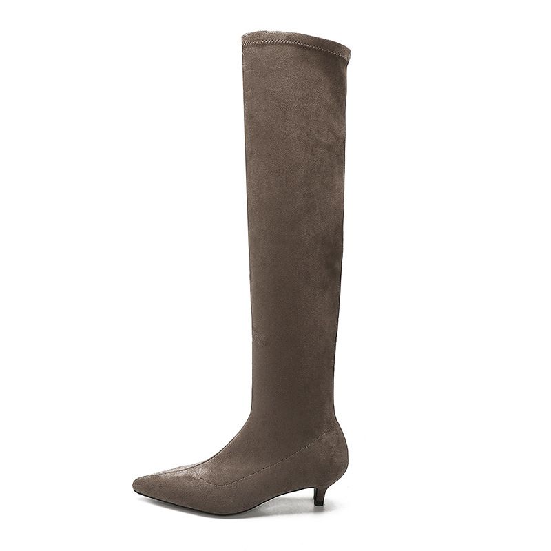 31712-15 Overknee Lange Antislip Zwarte Suède Basic Stijl Herfst Winter Sokken Mode Elastische Hoge Hak Laarzen_voghion.com