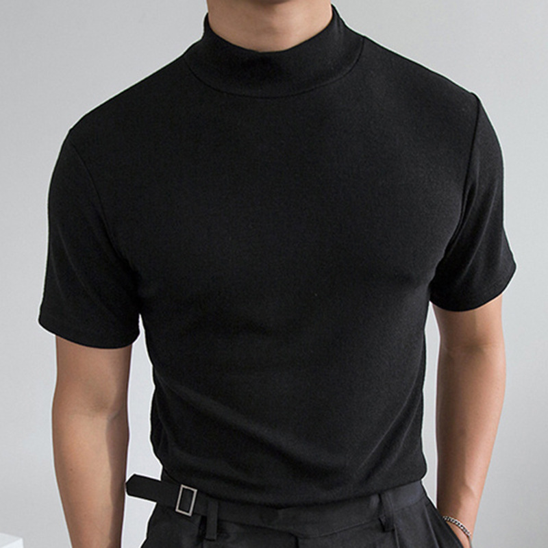 2023 sommer Solide Kurzarm Mode Bottom Shirt männer Enge High Neck T-shirt_voghion.com