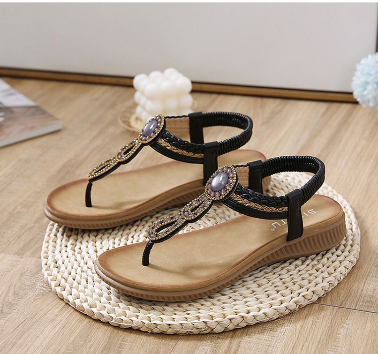 2025 New Style Sandals Bohemian Rhinestone Comfortable Round Toe Beach Vacation Large Size Flat Shoes_voghion.com