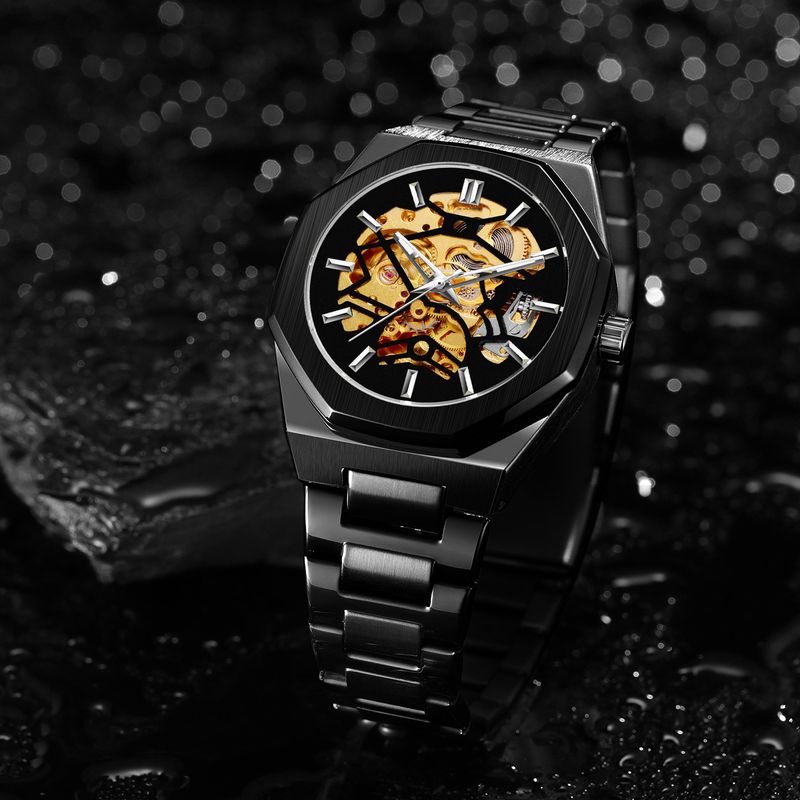 Montre mécanique automatique squelette tendance pour homme avec fonction heure universelle, boîtier en acier inoxydable de 41 mm, verre minéral, bracelet en alliage_voghion.com