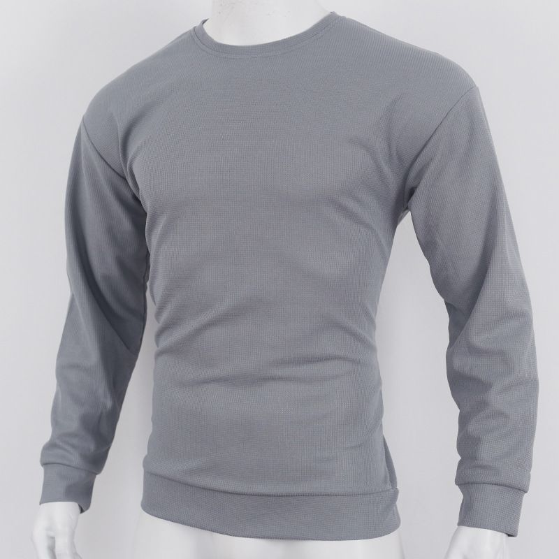 Autumn new round neck cotton waffle solid color knitted sweater men's pullover casual long sleeved shirt_voghion.com