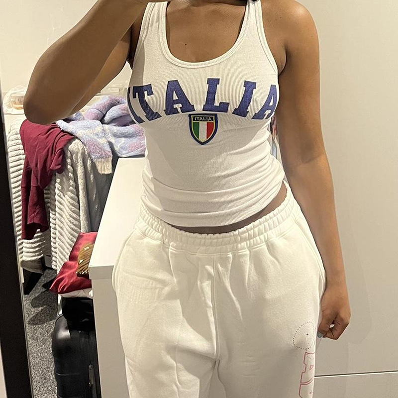 Maglia da donna con scollo a U, stampata, senza maniche, con ombelico scoperto, canotta_voghion.com