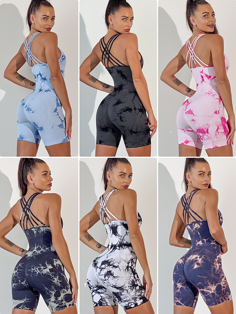 Combinaison de Yoga tout-en-un pour femmes, teinture par nouage, sans manches, élastique, levage des hanches, sport serré, séchage rapide_voghion.com
