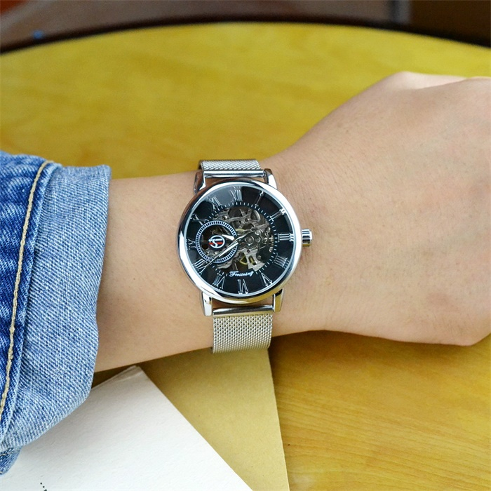 Men's vintage mechanical watch double hollowed manual leisure mechanical watch waterproof steel band glow-in-the-dark watch_voghion.com