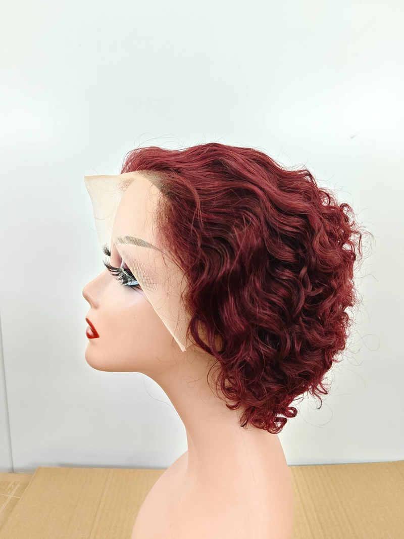 Barato Corto Rizado Bob Onda de agua 13x4 Peluca delantera de encaje 100% Peluca de cabello humano Suelta Onda profunda Frontal Bob Teje Pelucas sin pegamento para mujeres color vino_voghion.com