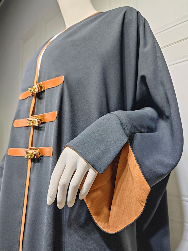 2025 New Dubai Moud Modest Solid Open Abayas Lieder Spannen Laang Ärm Kontrast Schwaarz Faarf Robe Ramadan Moslem Fraen Robe_voghion.com