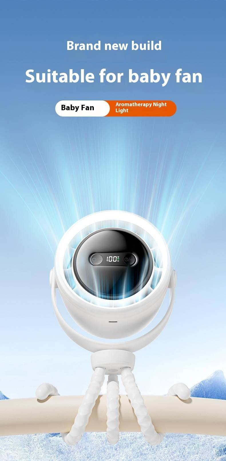 Baby Stroller Fan - Octopus Clip Design, 3-Speed USB Rechargeable With Night Light & Aromatherapy (Safe, Quiet & Anti-Pinch)_voghion.com