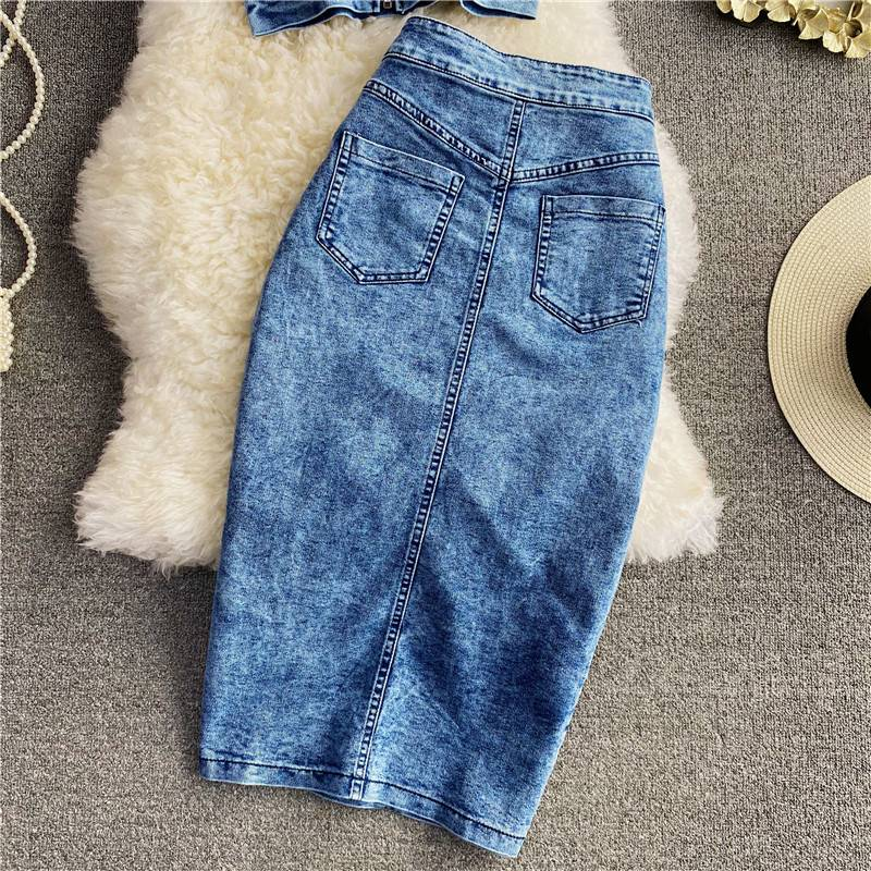 Roupas femininas novas Slim Fit zíper curto Denim camisola duas peças terno irregular fenda quadril saia_voghion.com