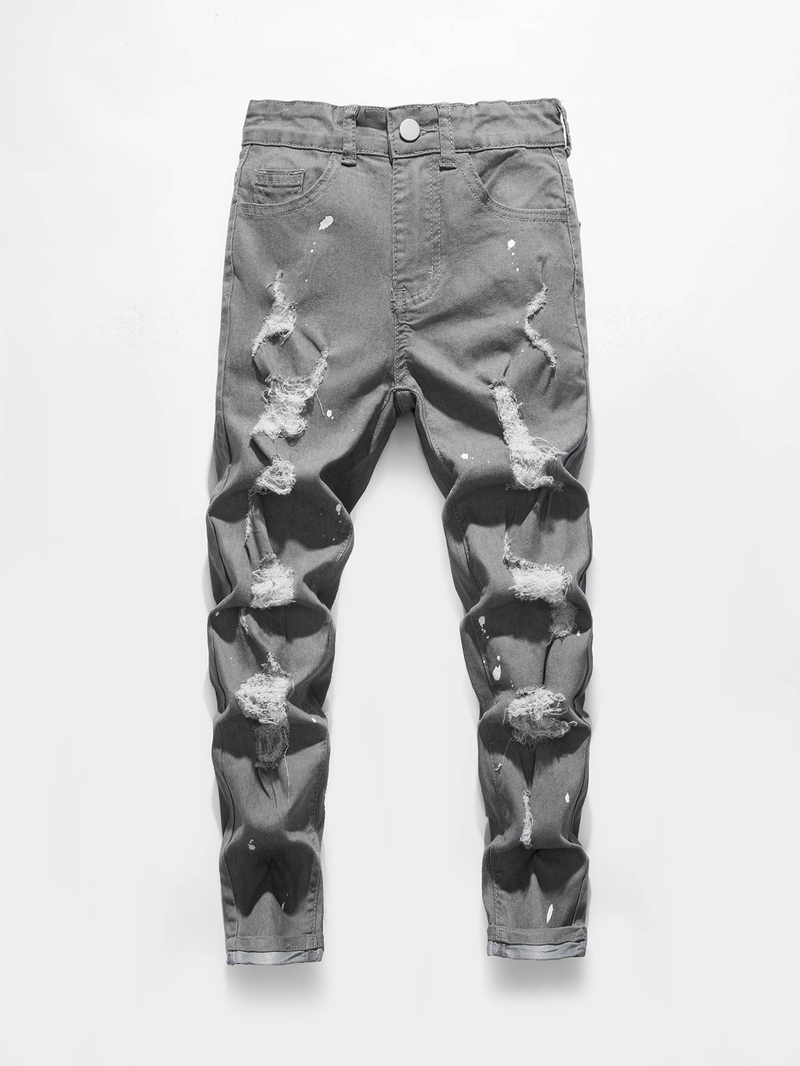 Graue elastische, lackformende Lochstrumpfhose für Jungen mit gewelltem Saum, modisch, lässig, einfach und vielseitig, geeignet für tägliche Ausflüge, College-Freizeitkleidung,_voghion.com