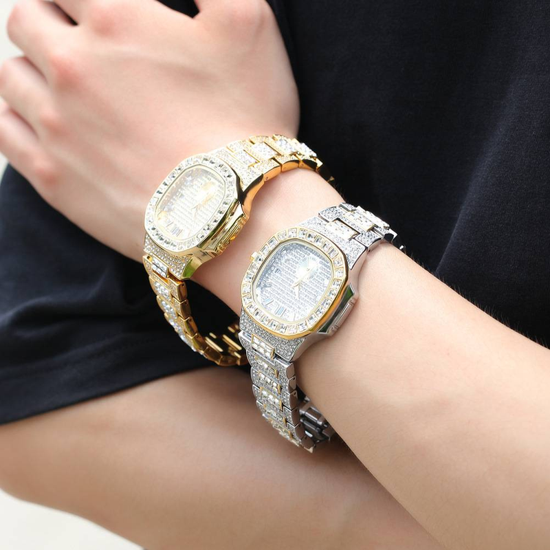 Relógio masculino RebelEdge Punk Square Diamond - Relógio de quartzo com moldura de diamante e caixa de aço inoxidável_voghion.com