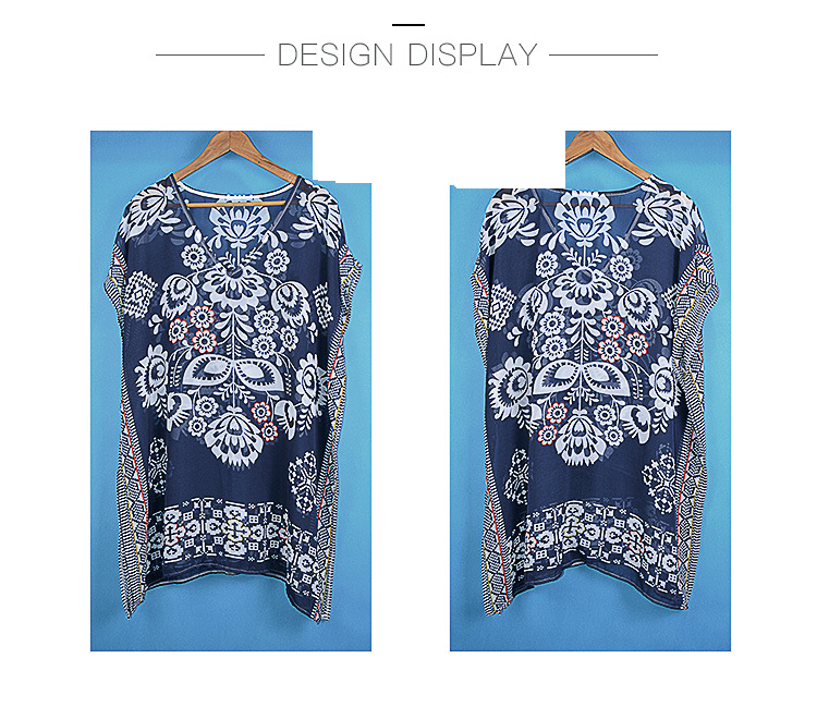 Veste de plage cache-maillot en mousseline de soie à fleurs bleu marine - Col en V - Pour femme_voghion.com