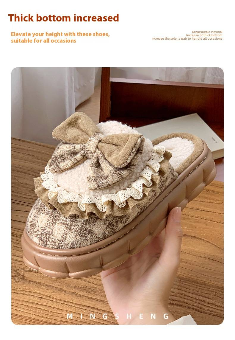 Pantuflas de casa con lazo para mujer: zapatillas de interior con forro polar y suela de espuma viscoelástica de 3 cm, antideslizantes para el invierno (caqui/verde/marrón)_voghion.com