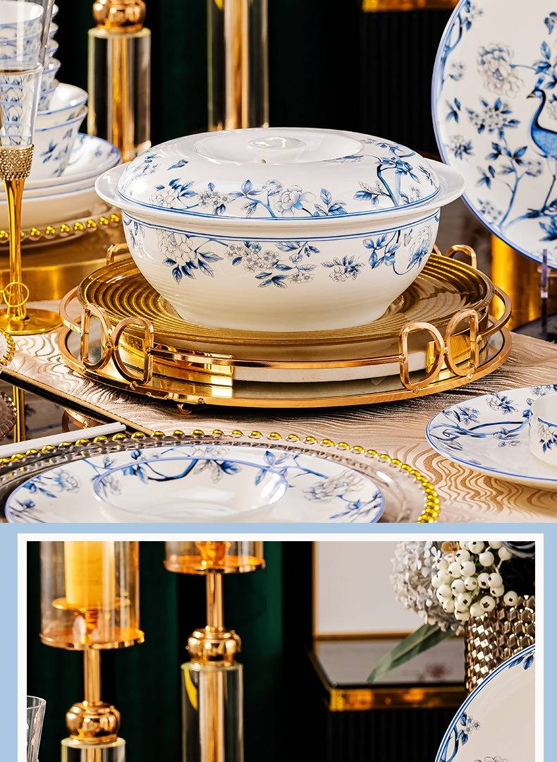 Service de table en porcelaine Blue Peacock – Vaisselle chinoise peinte à la main, 56 pièces, compatible micro-ondes et lave-vaisselle, cadeau élégant_voghion.com