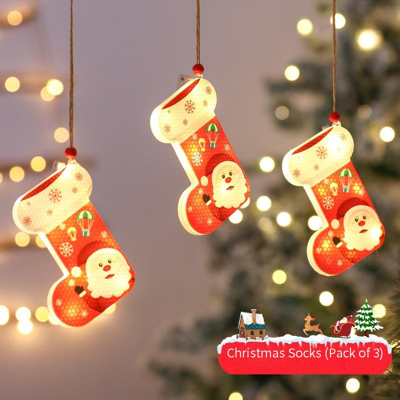 Juego de 12 luces colgantes navideñas LED: árbol festivo, copo de nieve, estrella, calcetín, decoración para fiestas navideñas en interiores._voghion.com