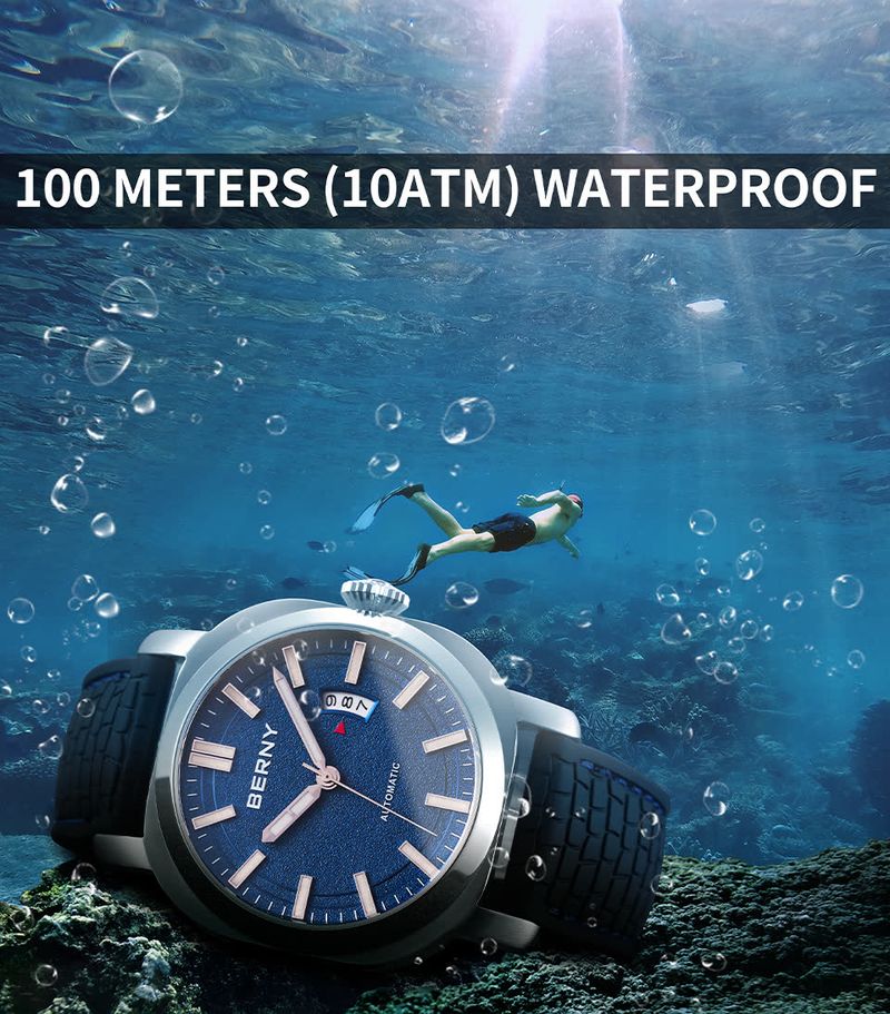 BERNY Automatic Watches For Men 10ATM Waterproof Analog Mechanical Watch With Date Silicone Strap Super Luminous Stainless Steel Sapphire Wristwatch_voghion.com