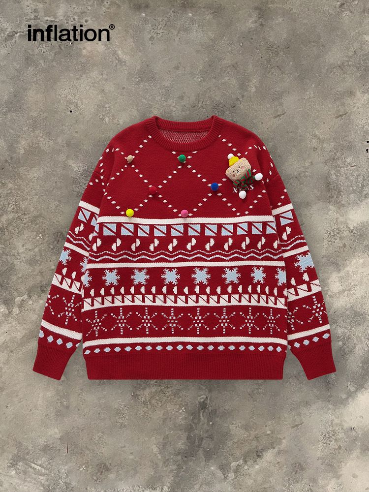 Cozy Christmas Sweater With Playful Doll Design - Oversized Knit Pullover For Women & Teens (Red, Cream, Black) - S/M/L/Xl_voghion.com