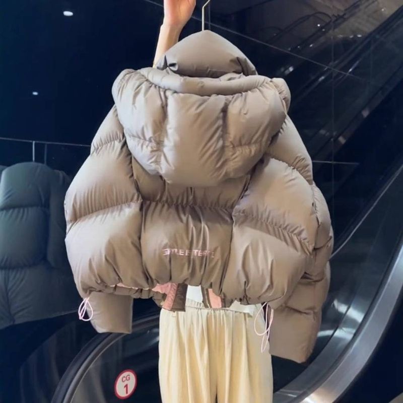 Damenbekleidung Kurze Khaki-Graue Pufferjacke Koreanischer Stil Wintermantel Lässige Oberbekleidung mit Kapuze Für Petite_voghion.com