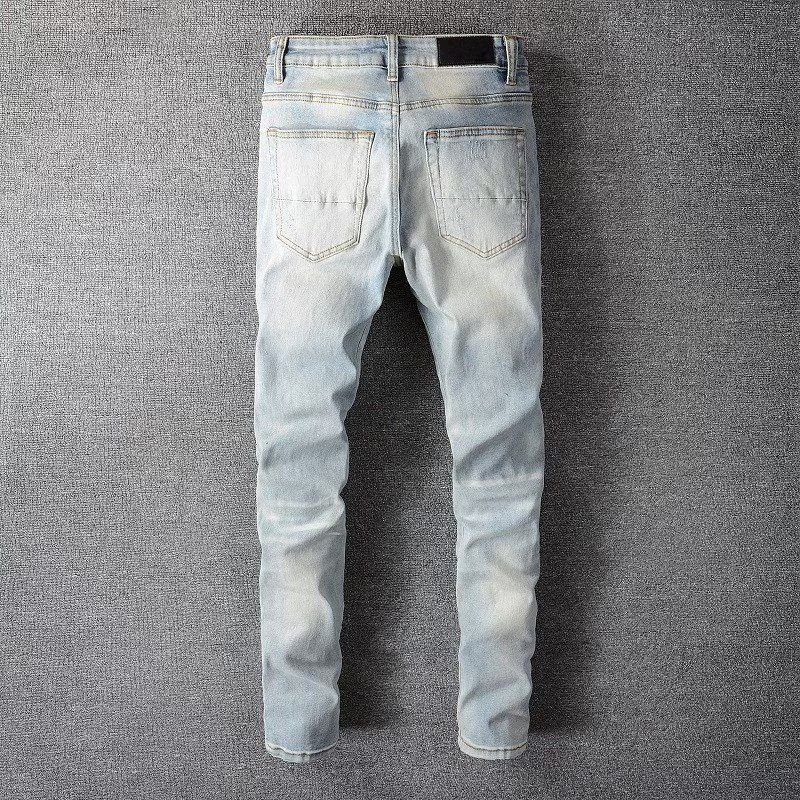 High Street Chiu Brand New Re-wash Knife Cut Holes In The Beggar Sticker Elastic Slim-fit Jeans Man_voghion.com