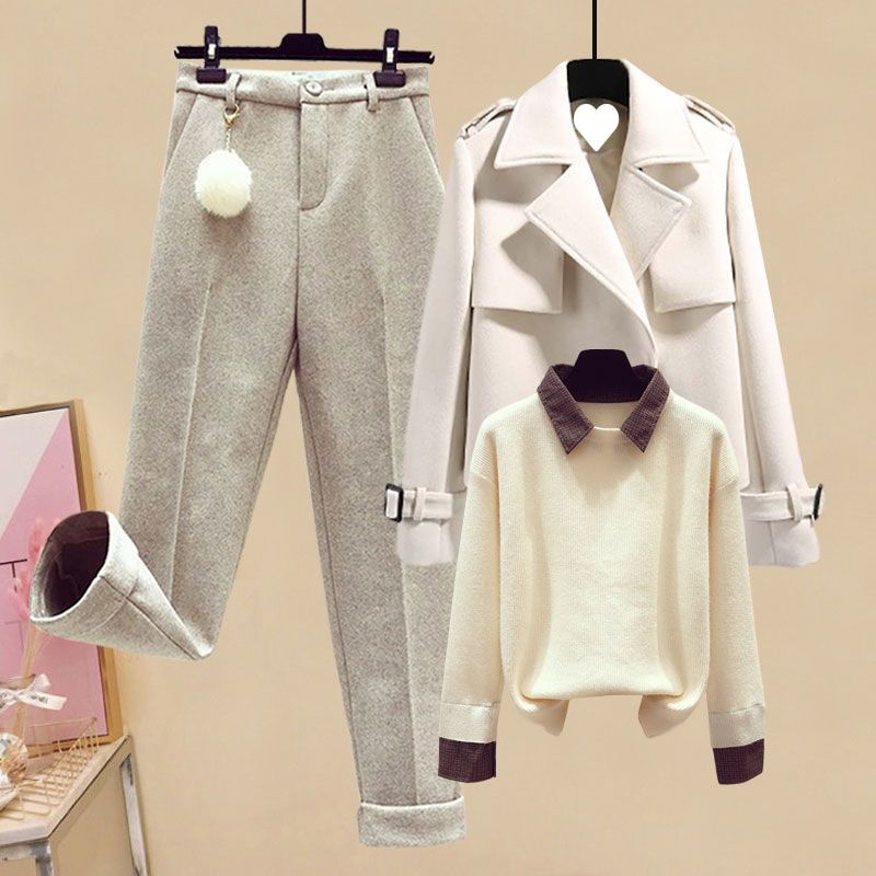 Short winter new item two-piece sweater for women+high waisted woolen pants+woolen suit jacket three piece set_voghion.com