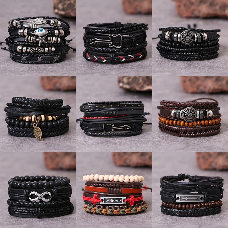 2125 Bracciale da uomo in pelle intrecciata a mano con perline, regolabile, multistrato_voghion.com