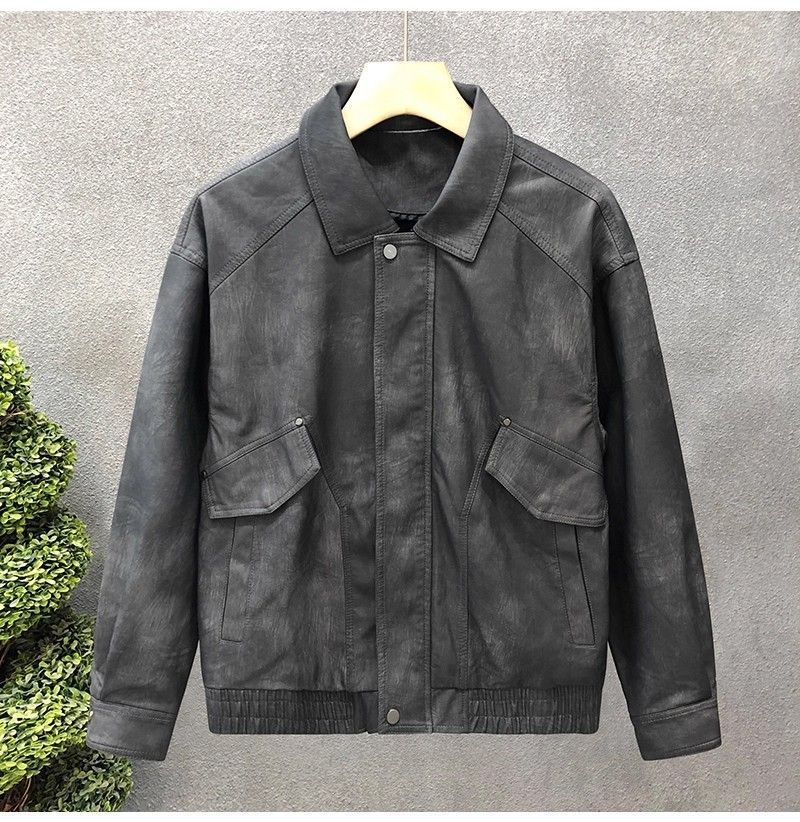 "Men's Retro PU Leather Jacket – Slim-Fit Biker Coat With Stand Collar & Side Pockets (Charcoal/Coffee, L-3XL)"_voghion.com