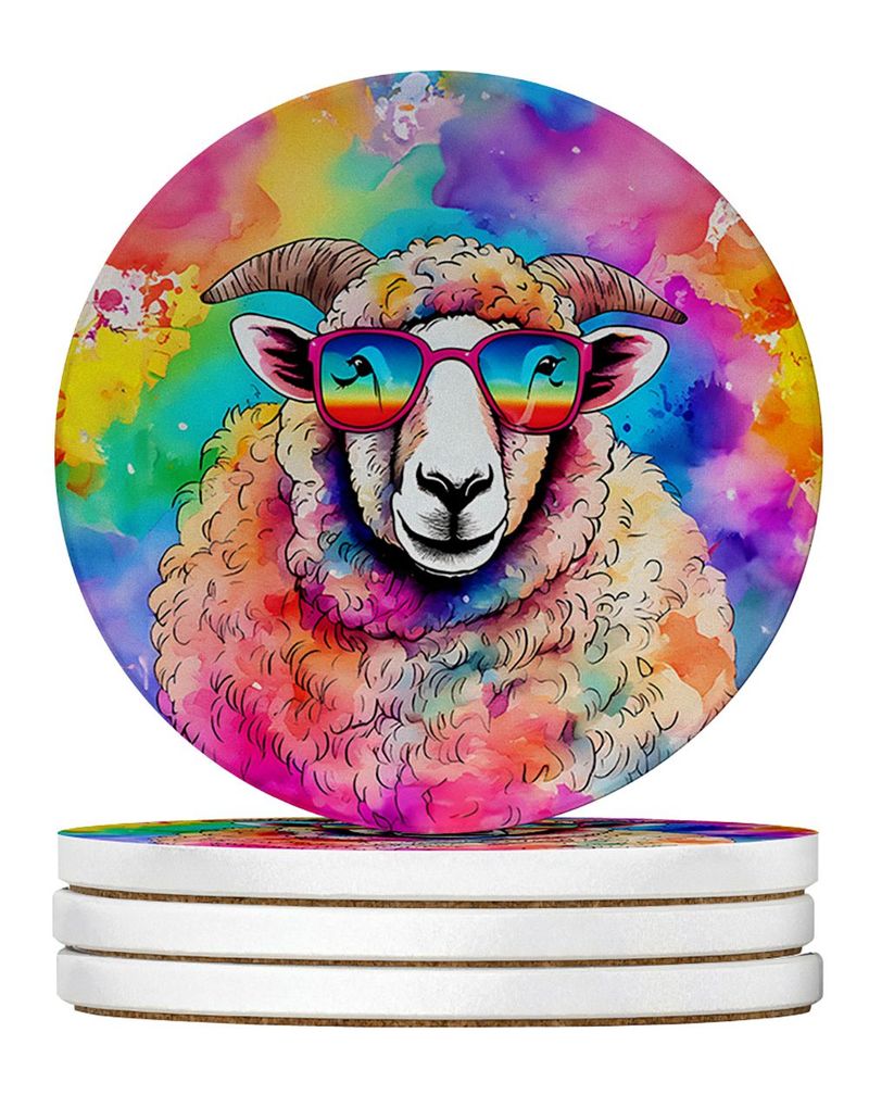Hippie Animal Sheep Large Sandstone Coasters Pack Of 4 Absorbent Round Coasters Decor Gifts For Men Or Women, 4 In, Multicolor_voghion.com