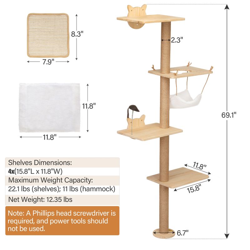 Wall-Mounted Cat Scratching Pad for Small to Large Cat, Indoor Wood Cat Tree with Hammock, Cat Scratcher Perch_voghion.com