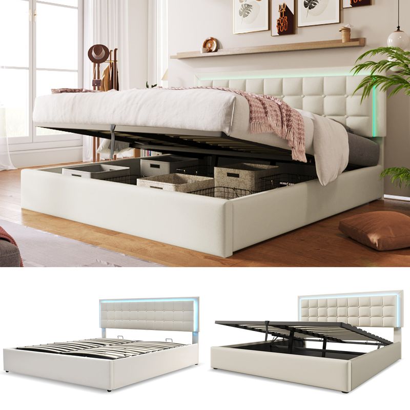 Lit double 140 x 200 cm avec sommier à lattes et rangements, avec bande lumineuse LED, cadre de lit rembourré en similicuir blanc._voghion.com