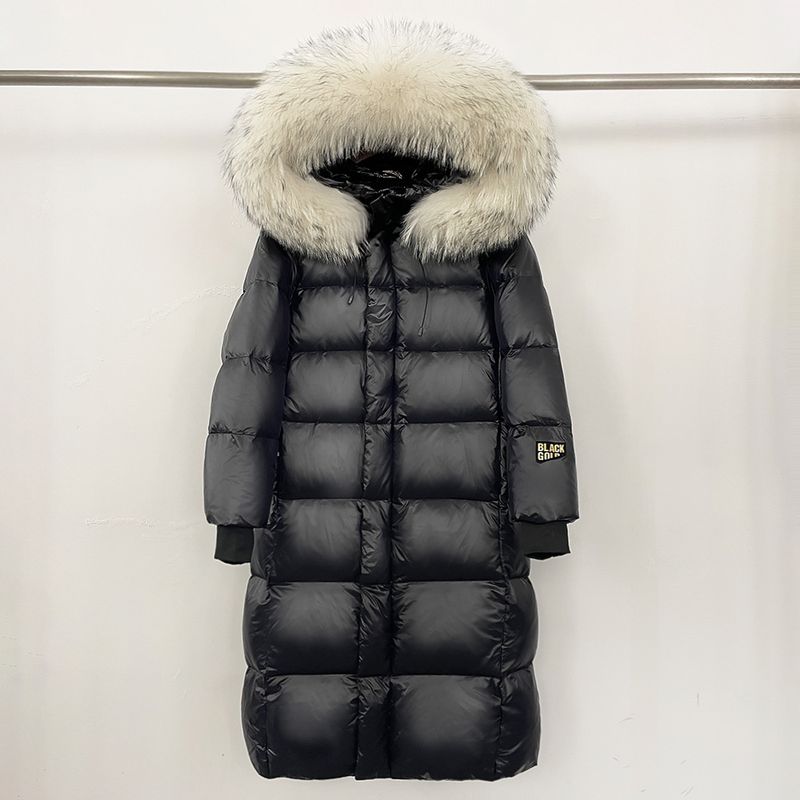 Abbigliamento da donna Giacca lunga con cappuccio e finiture in pelliccia di volpe, 90% piumino d'oca, nylon impermeabile, elegante e caldo cappotto invernale_voghion.com