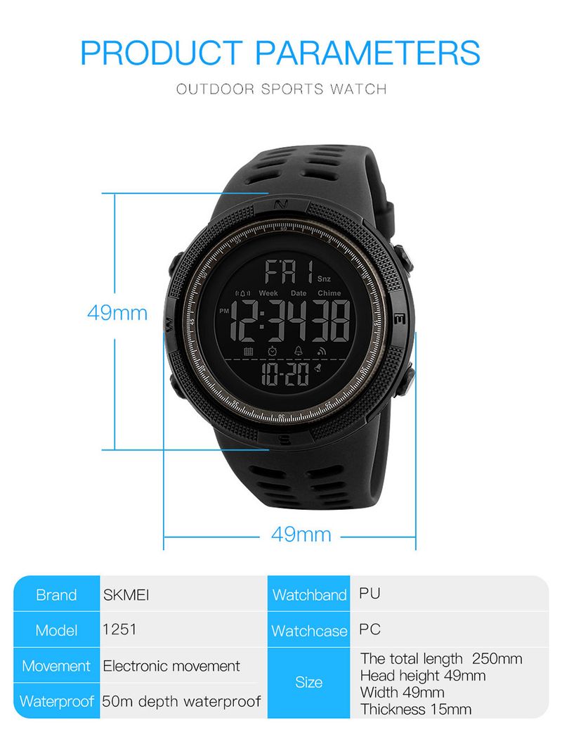 SKMEI 1251 Orologio sportivo da uomo con sveglia, cronografo, display LED, impermeabile, digitale, elettronico, orologio da polso da uomo, Reloj Hombre 1560_voghion.com