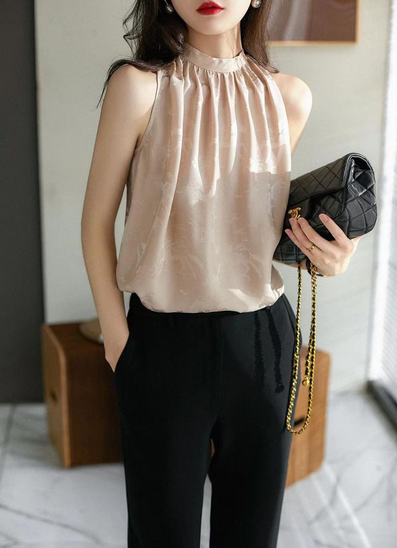 Jacquard standing collar hanging neck suspender vest for women's sleeveless 2024 new summer French right angle shoulder_voghion.com