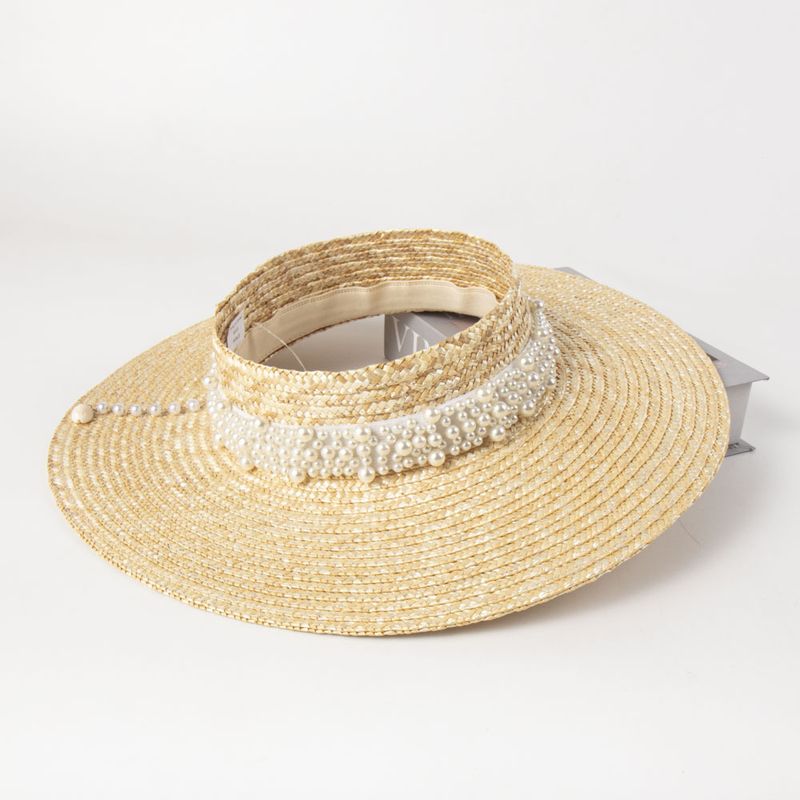 Mode Vrouwen Zon Brede Rand Geen Top Reis Strand Hoed Parels Band Vizier Zomer Hoeden_voghion.com