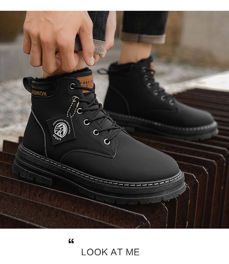 Men's Classic British Style Fleece-Lined Martin Boots - Comfortable Round Toe Casual Shoes For Winter (Khaki, Black, Gray, Green)_voghion.com