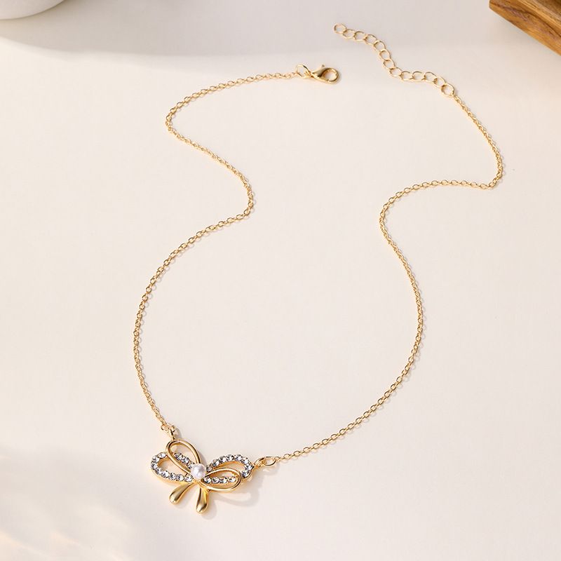 Kettenhalskette mit Anhänger, Schmuck, personalisiertes Design, Anhänger aus Legierung, vielseitig einsetzbar, einfache Halskette mit eingelegter Diamantschleife_voghion.com