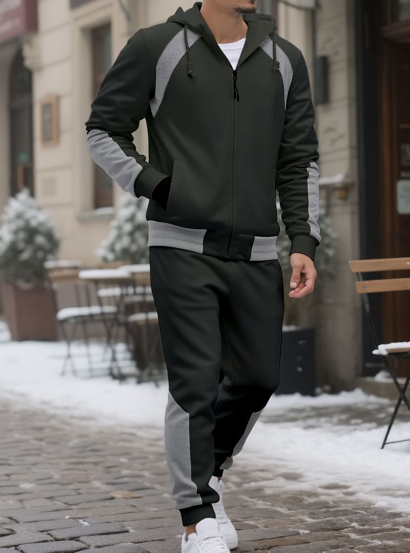 Tuta da uomo con cappuccio color-block – Felpa oversize con zip e pannelli a contrasto e pantaloni della tuta abbinati (grigio scuro/bordeaux/bianco/nero)_voghion.com