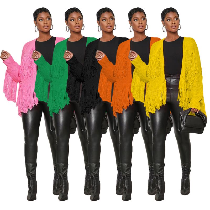 TS1240 new women's solid color knitted tassel short cardigan jacket_voghion.com