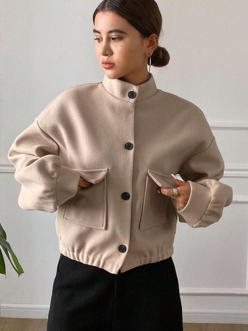 Women's Clothing Autumn Winter Women's Casual Short Wool Blend Coat With Stand Collar & Single Button Closure, Loose Fit, Long Sleeve, Outerwear_voghion.com