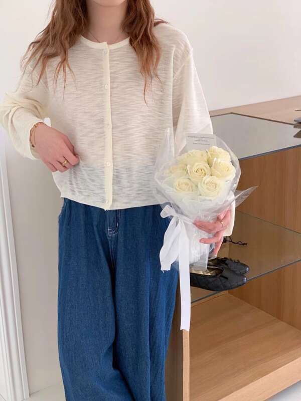 Cardigan lavorato a maglia in lino con nodi di bambù da donna, sottile, girocollo, giacca in seta ghiacciata, scialle esterno largo, camicia con aria condizionata_voghion.com