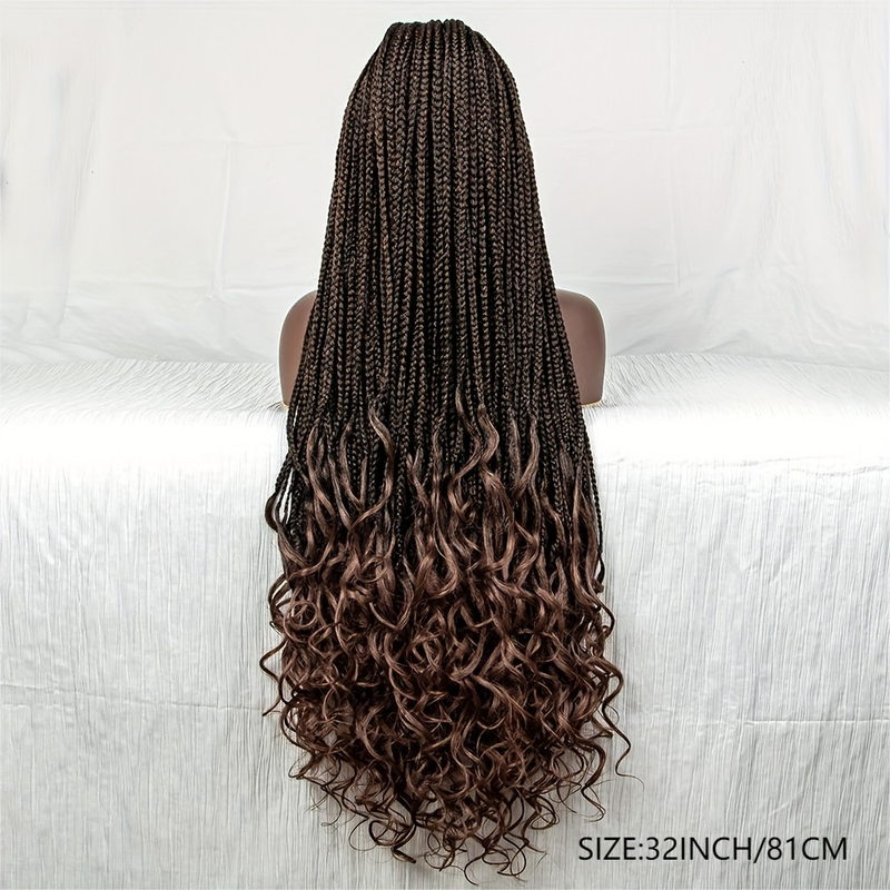 32 inch 9*6 Kanten Voorkant Pruik Ombre Bruine Box Gevlochten Pruiken Voor Vrouwen Superlange Vlechten Pruik Met Krullen Uiteinden Zwart Kant Frontale Vlecht Synthetische Pruiken_voghion.com