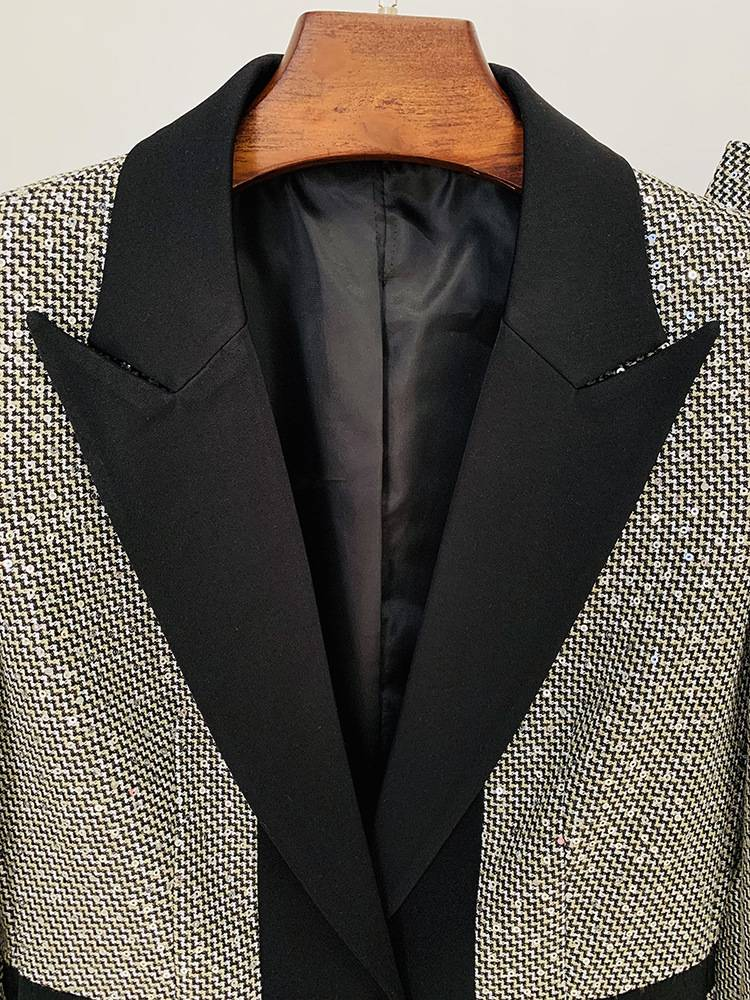 Conjunto de dos piezas de pantalón de traje a juego de color a cuadros pequeños con lentejuelas de temperamento para mujer_voghion.com