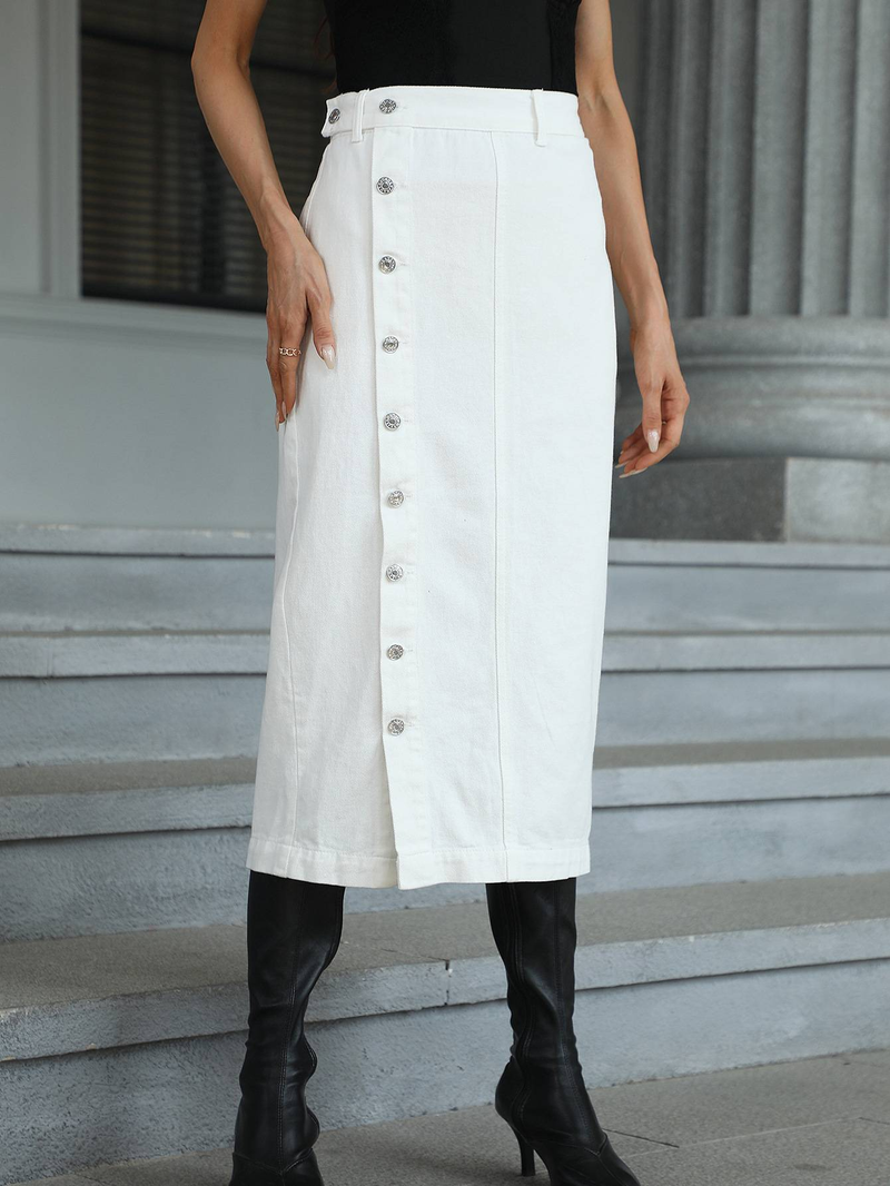 Vrouwen Maxi Pencil Jean Rok Hoge Taille A-Lijn Lange Denim Rokken Ins Button Down Zijsplit Zoom Stretch Blauwe Jean Rok_voghion.com