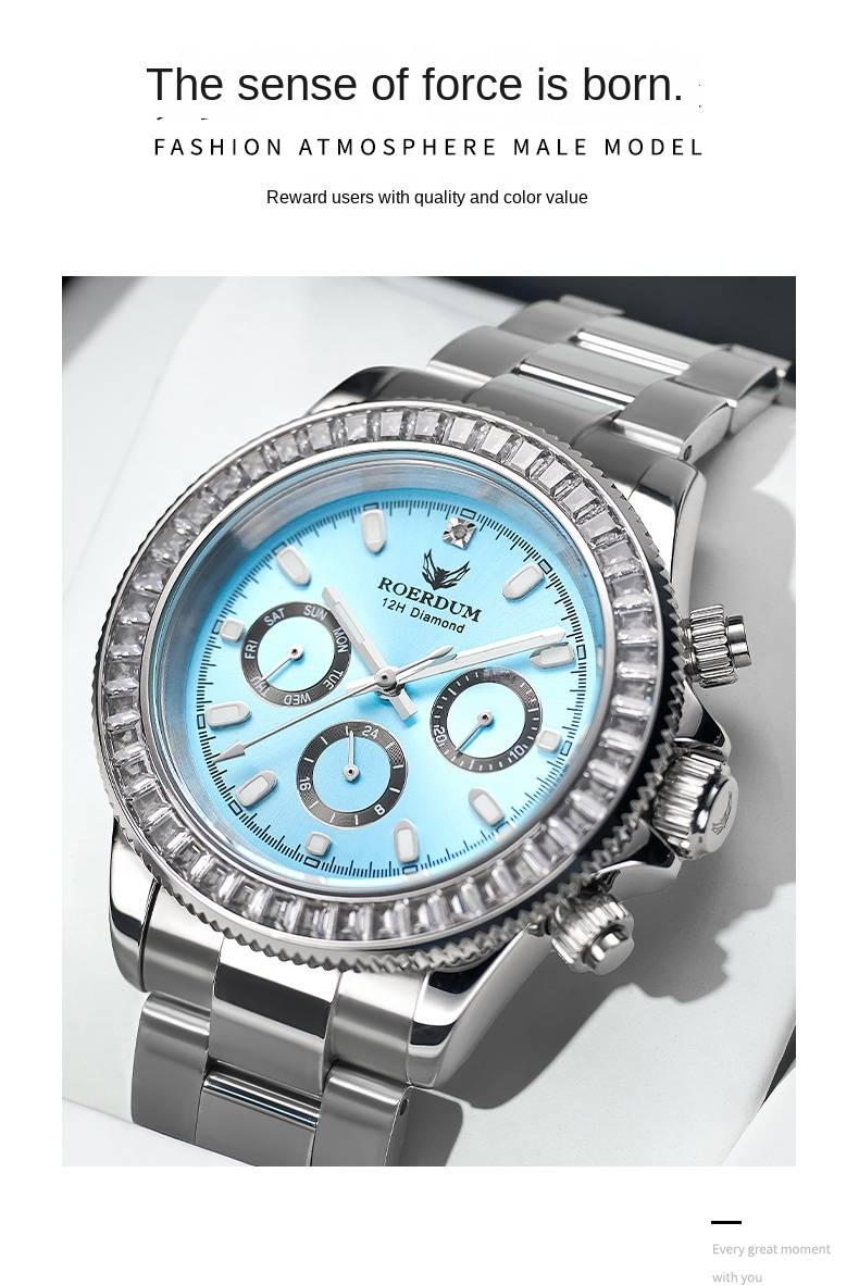 ROERDUM Blue Heart Ice Series - Mechanische Tri-Chronographenuhr für Herren - Edelstahlarmband, eisblaues Zifferblatt, wasserdicht, luxuriöser minimalistischer Stil_voghion.com