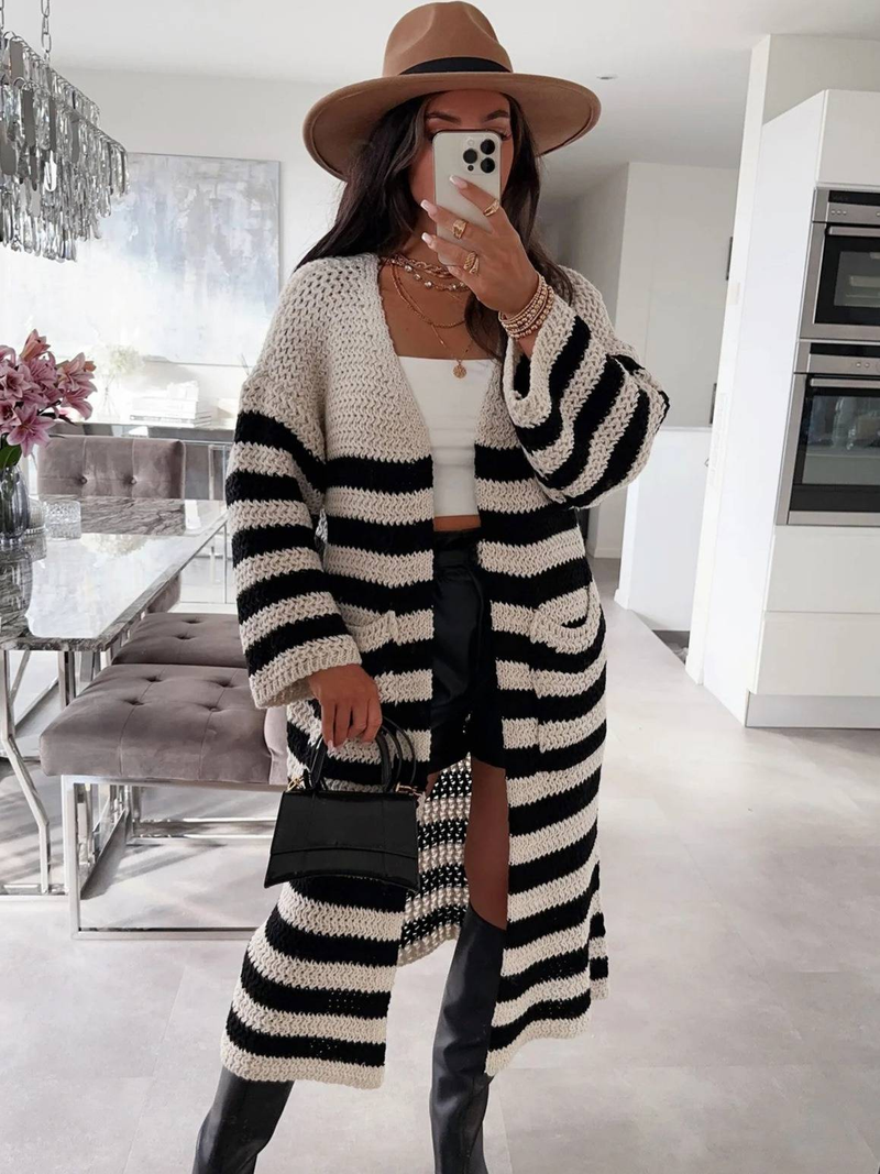 Cardigan oversize a righe – Maglione lungo in maglia con scollo a V e tasche (S-XL, lavabile in lavatrice, essenziale per il lavoro e il weekend)_voghion.com