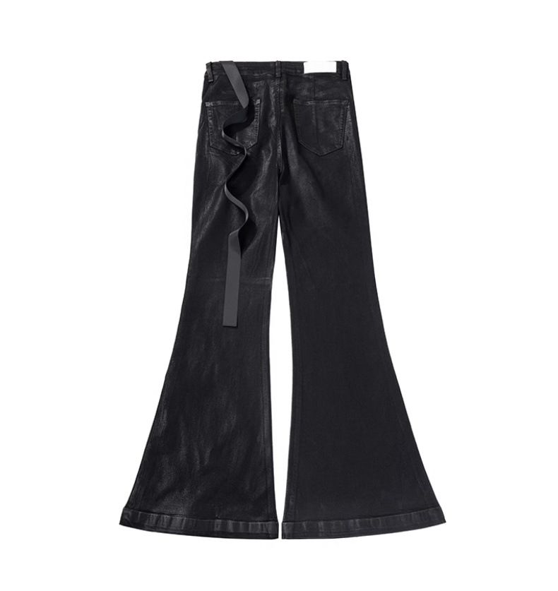 Herenkleding Donkere Wax Coating Lint Licht Elastische Wijde Pijpen Uitlopende Mopping Piled Denim Broek_voghion.com